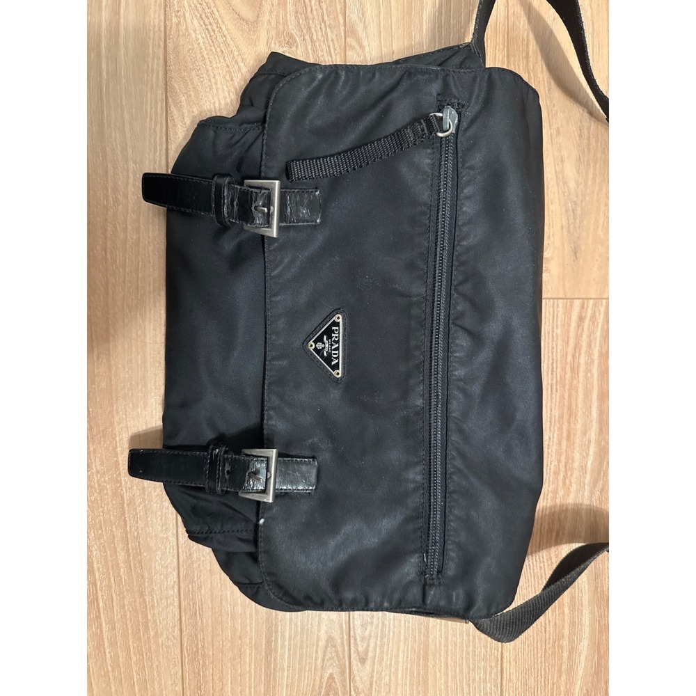 Prada Black Nylon Messenger Bag Crossbody Vela Buckle Flap Logo Vintage Large - Picture 2 of 12